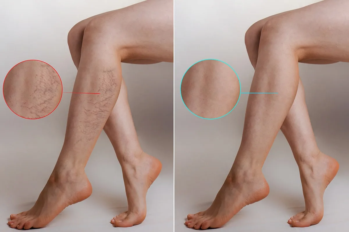 Legs before and after vein treatment: visible varicose veins on the left, smooth skin on the right